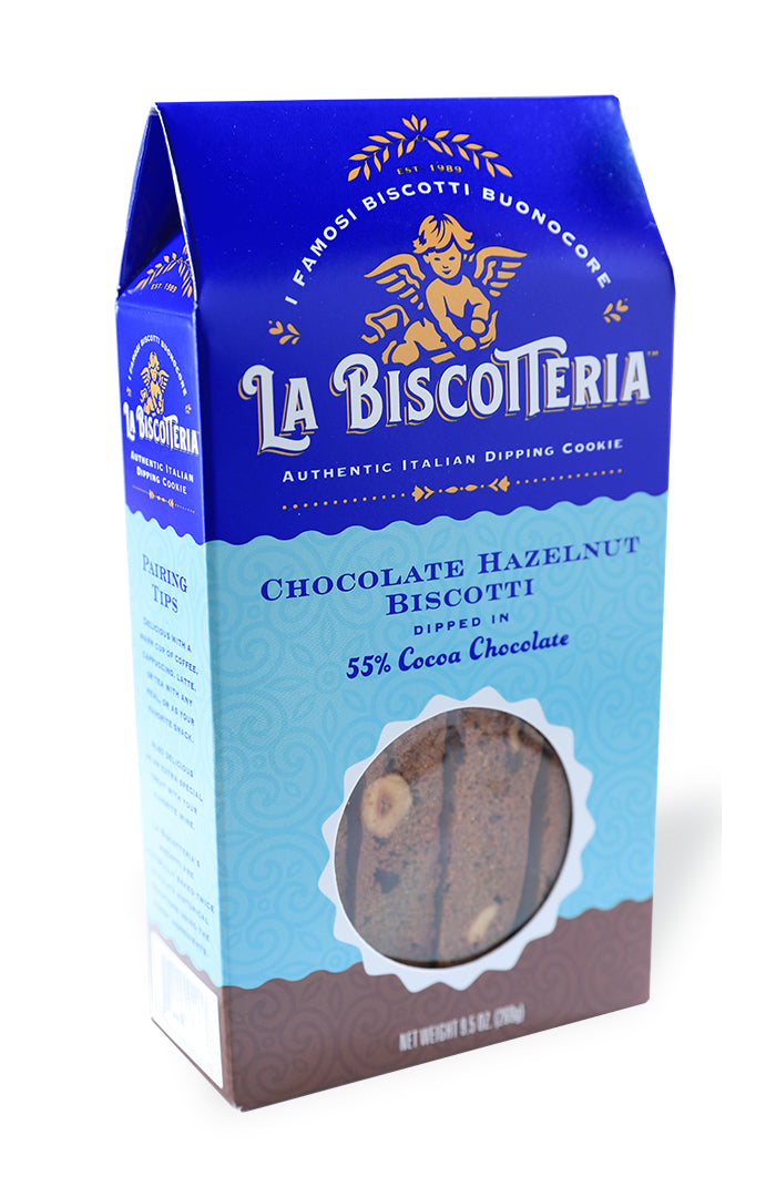 Chocolate Hazelnut Biscotti Dipped in 55% Cocoa Chocolate