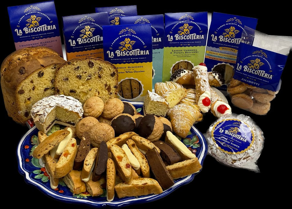 Assortment of La Biscotteria biscotti, panettone, cannoli and pastries